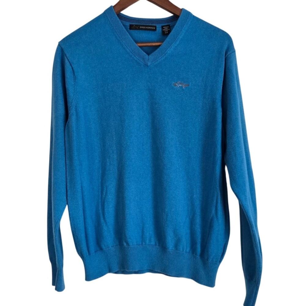 Greg Norman V Neck Knit Golf Sweater Shark Logo Blue Size S Athleisure Golfcore